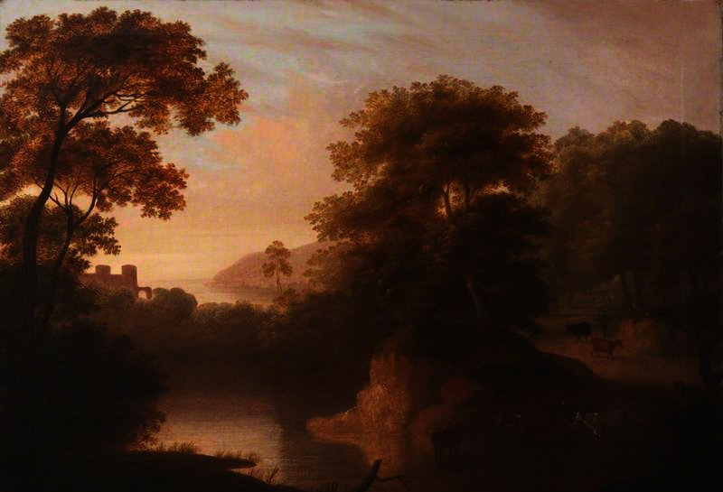 River Landscape With Castle, Herdsman And Cows — Richard Wilson