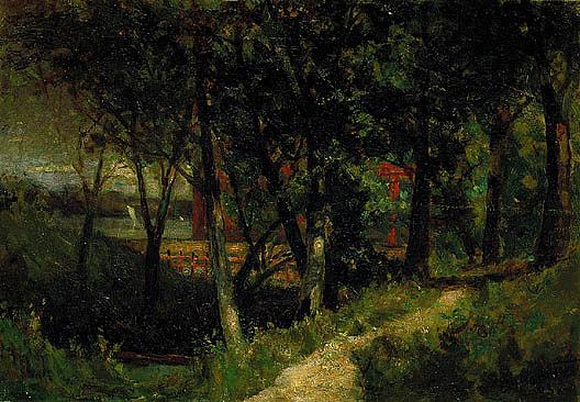 Untitled (landscape, Forest Scene With Red Fence And Building), (painting) — Edward Mitchell Bannister