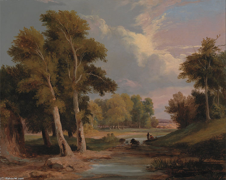 A Wooded River Landscape With Fishermen — James Arthur O Connor