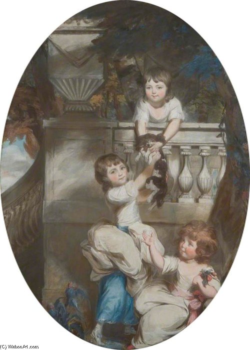 Three Young Girls On A Terrace With A Dog — Daniel Gardner