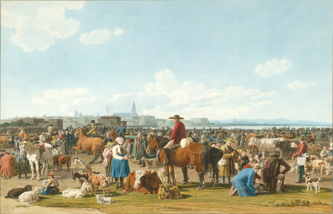 Cattle Market Before A Large City On A Lake — Wilhelm Von Kobell
