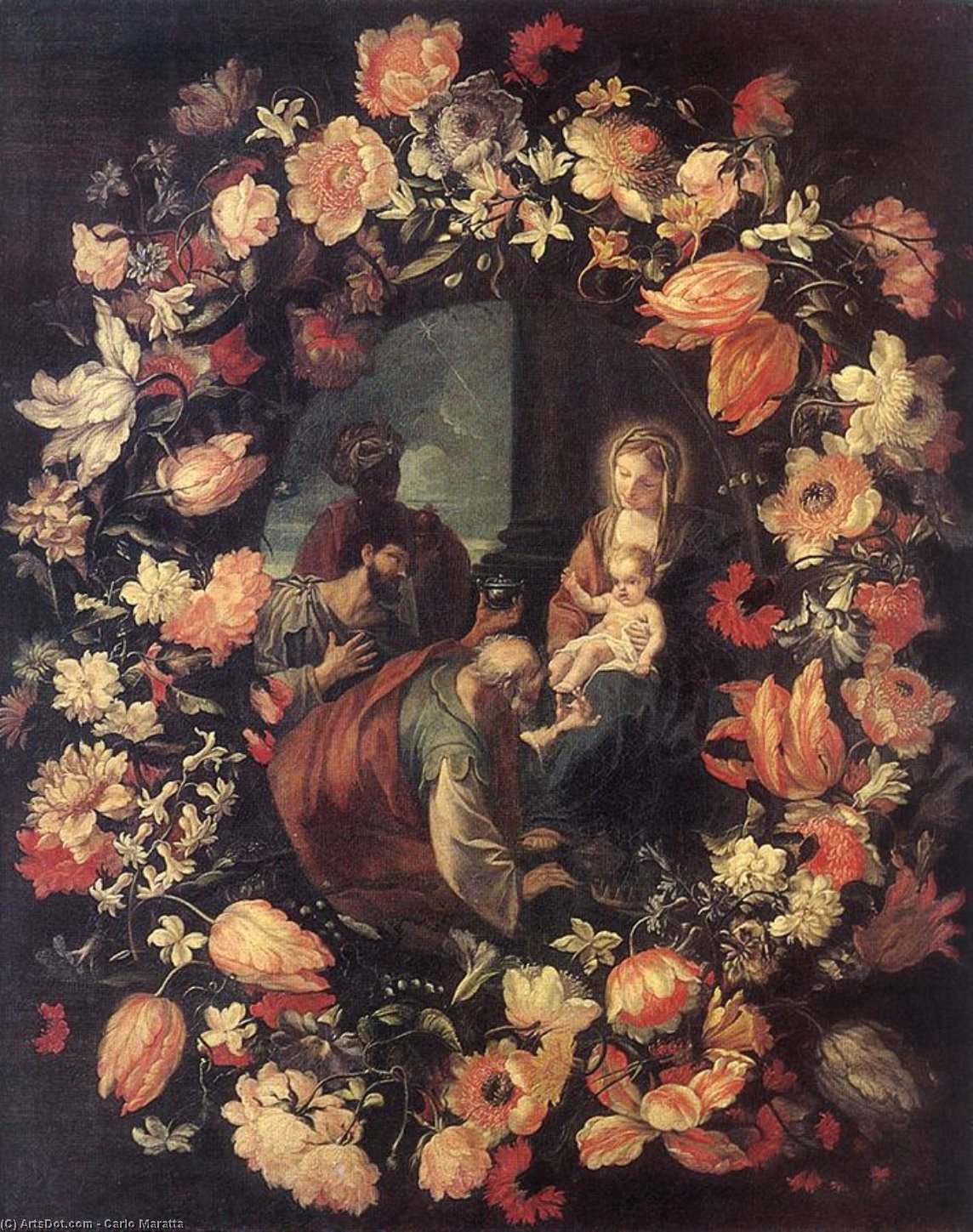 Adoration Of The Magi (in Garland) — Carlo Maratta