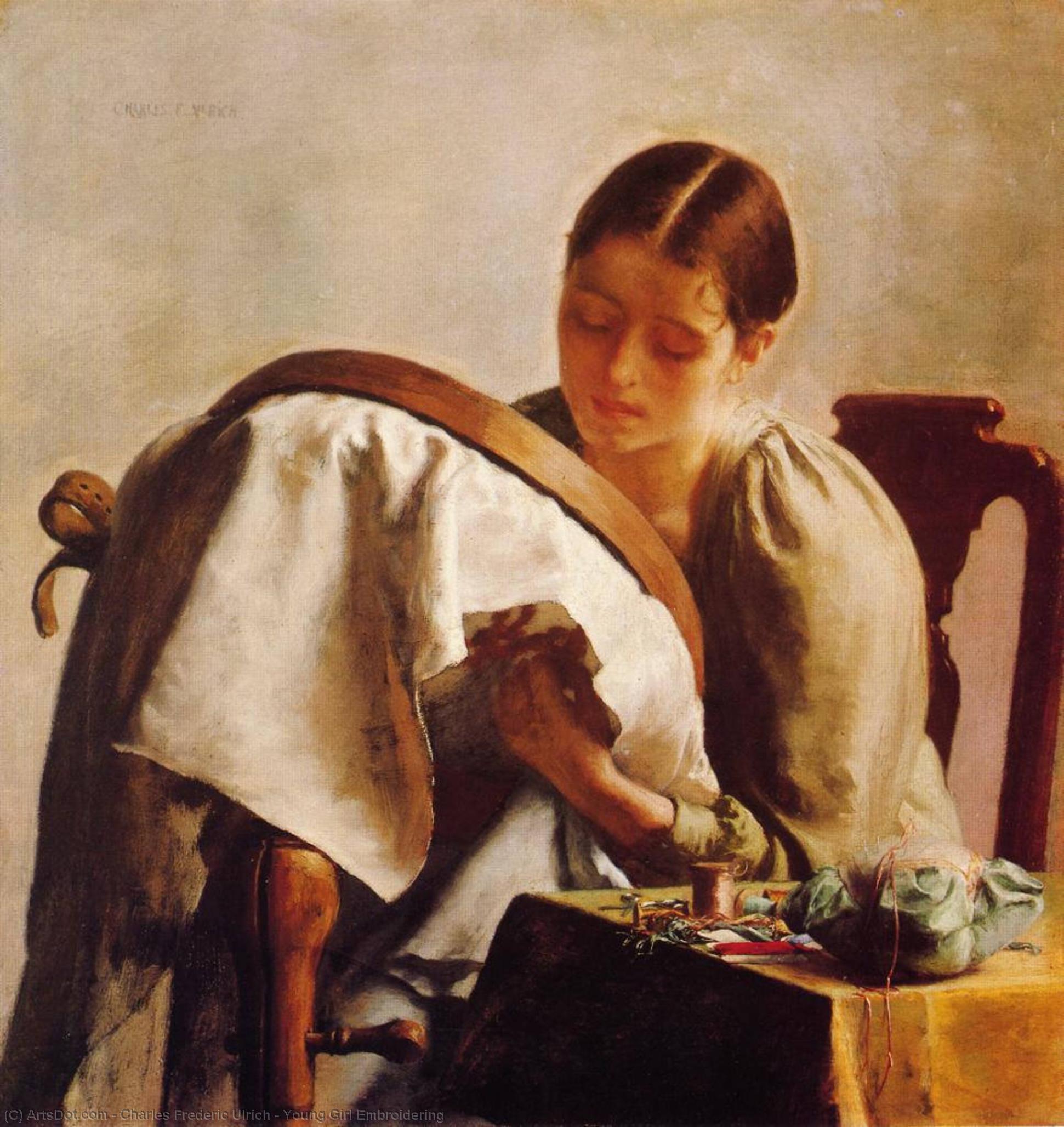 Young Girl Embroidering — Charles Frederic Ulrich