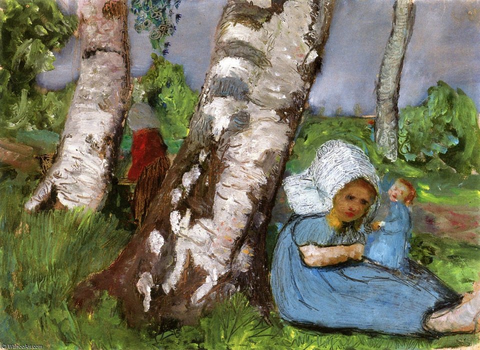Child With Doll Sitting On A Birch Trunk — Paula Modersohn-becker