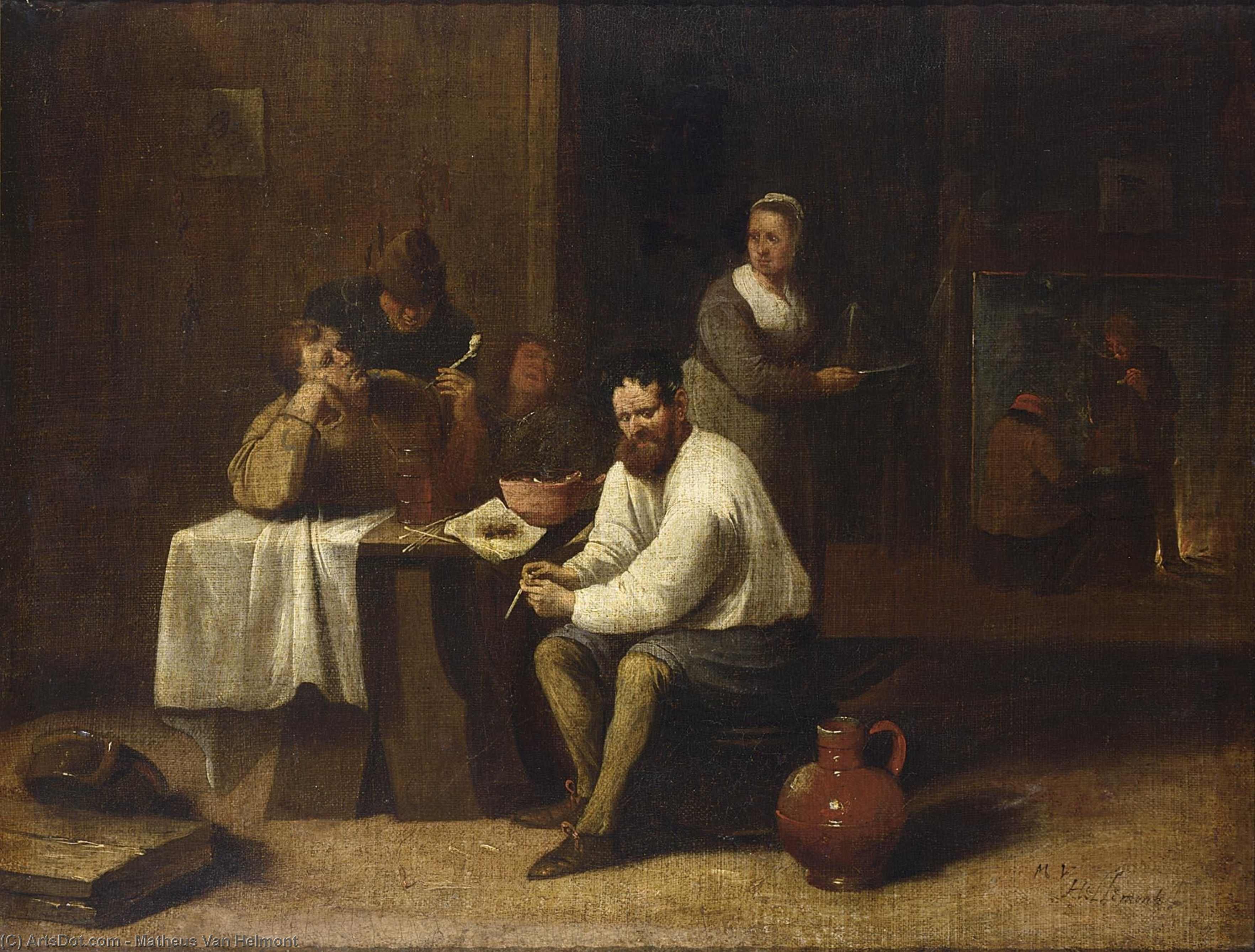 Peasants Sitting Around A Table And Smoking, Figures Near A Fireplace In The Background — Matheus Van Helmont