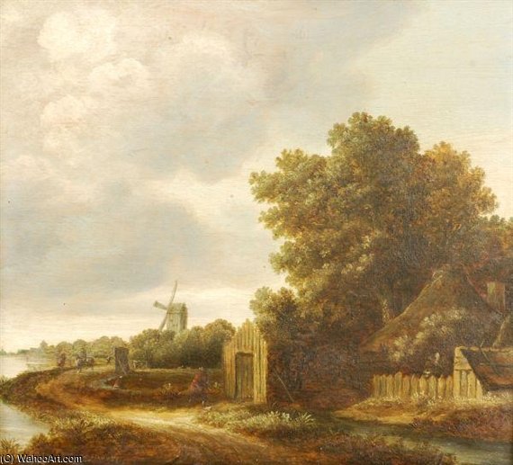 A River Landscape With Fishermen On The Riverbank — Cornelius Decker