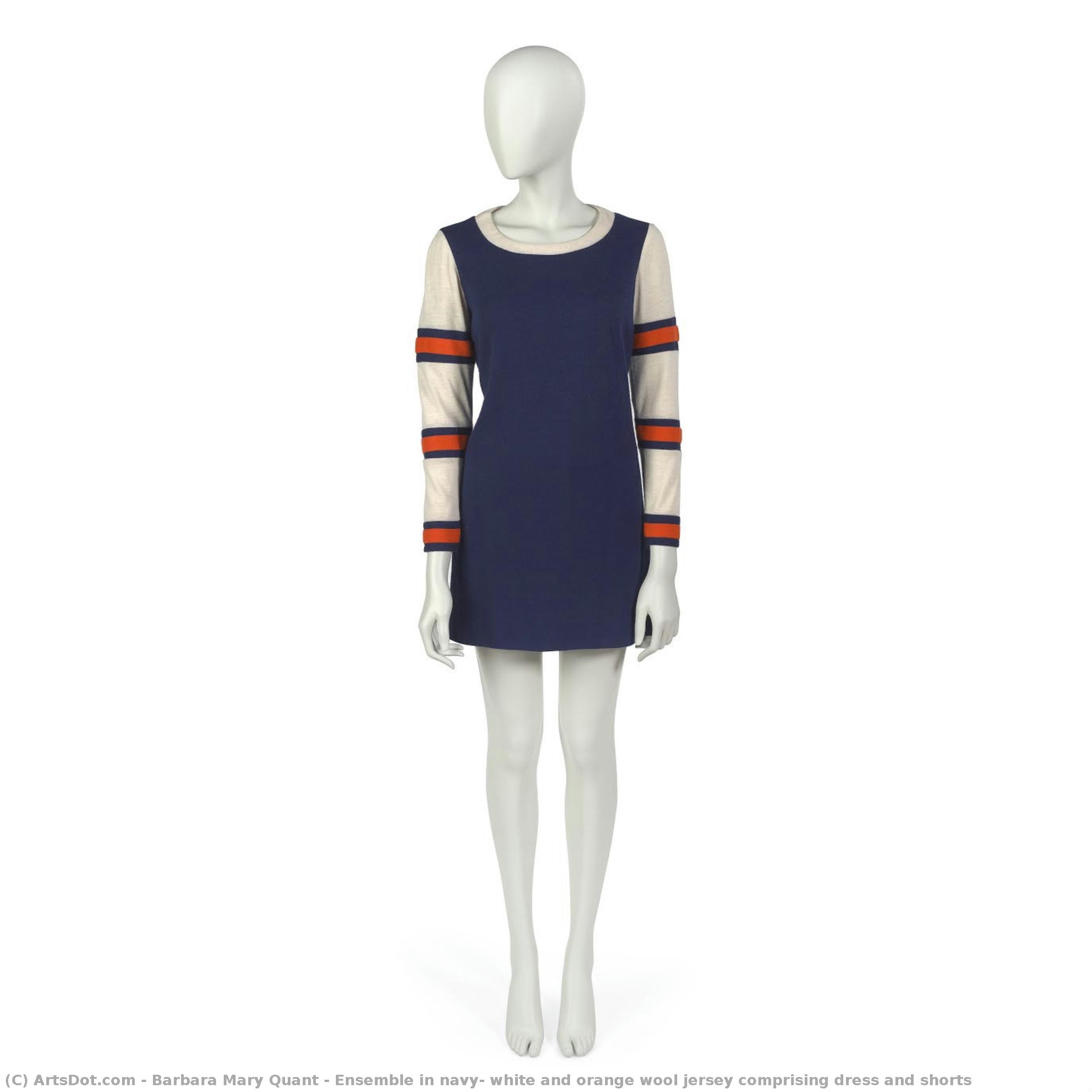 Ensemble In Navy, White And Orange Wool Jersey Comprising Dress And Shorts — Barbara Mary Quant