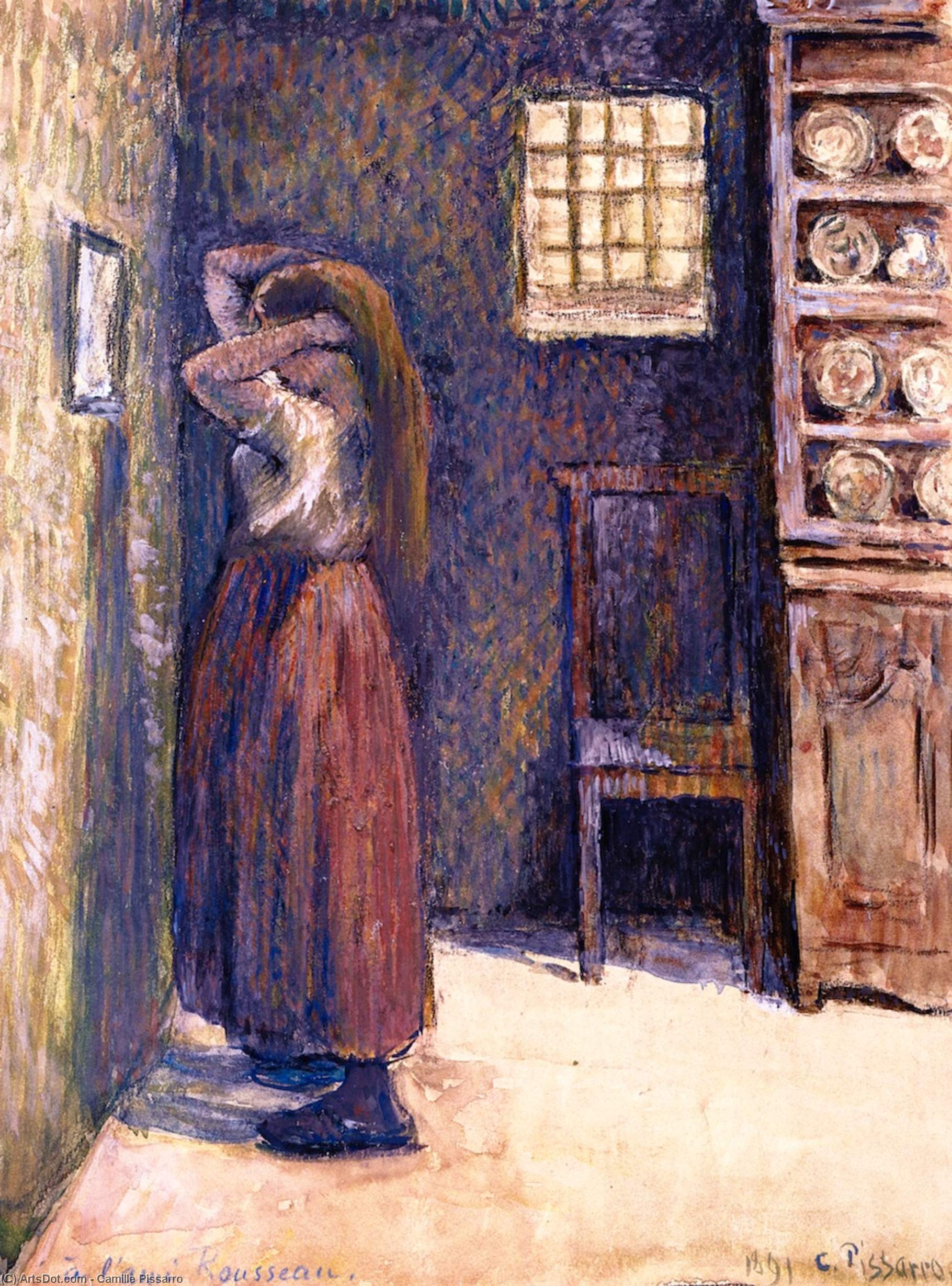 Mujer Joven Arreglando El Cabello — Camille Pissarro