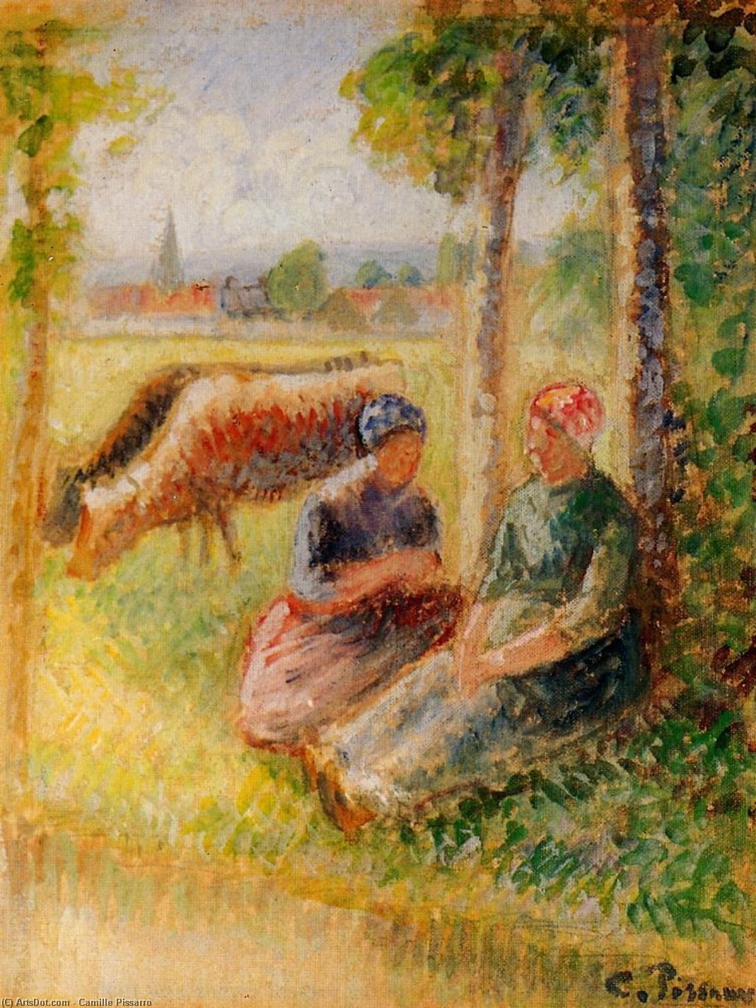 Two Cowherds By The River — Camille Pissarro