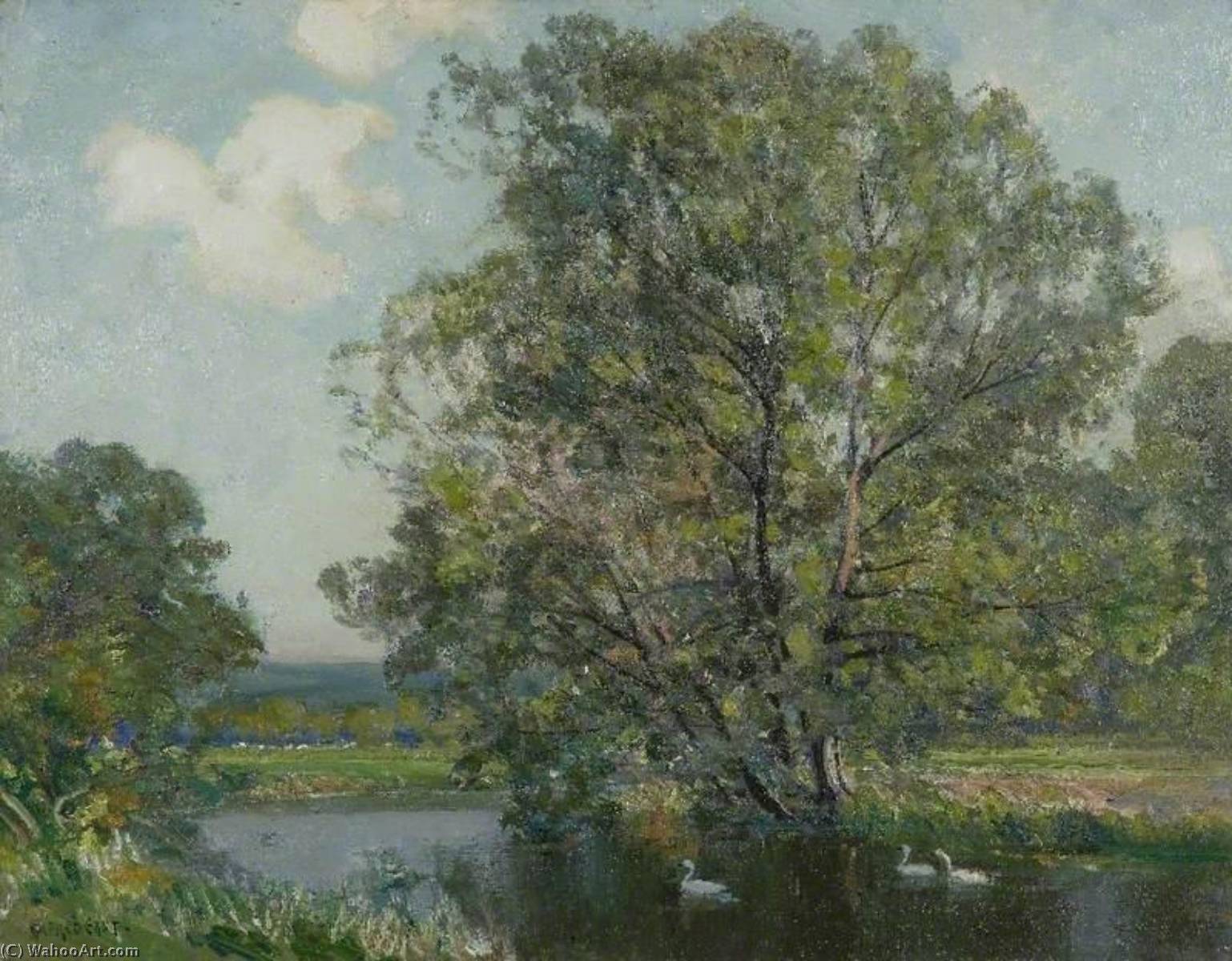 Landscape With River And Swans — Alfred East