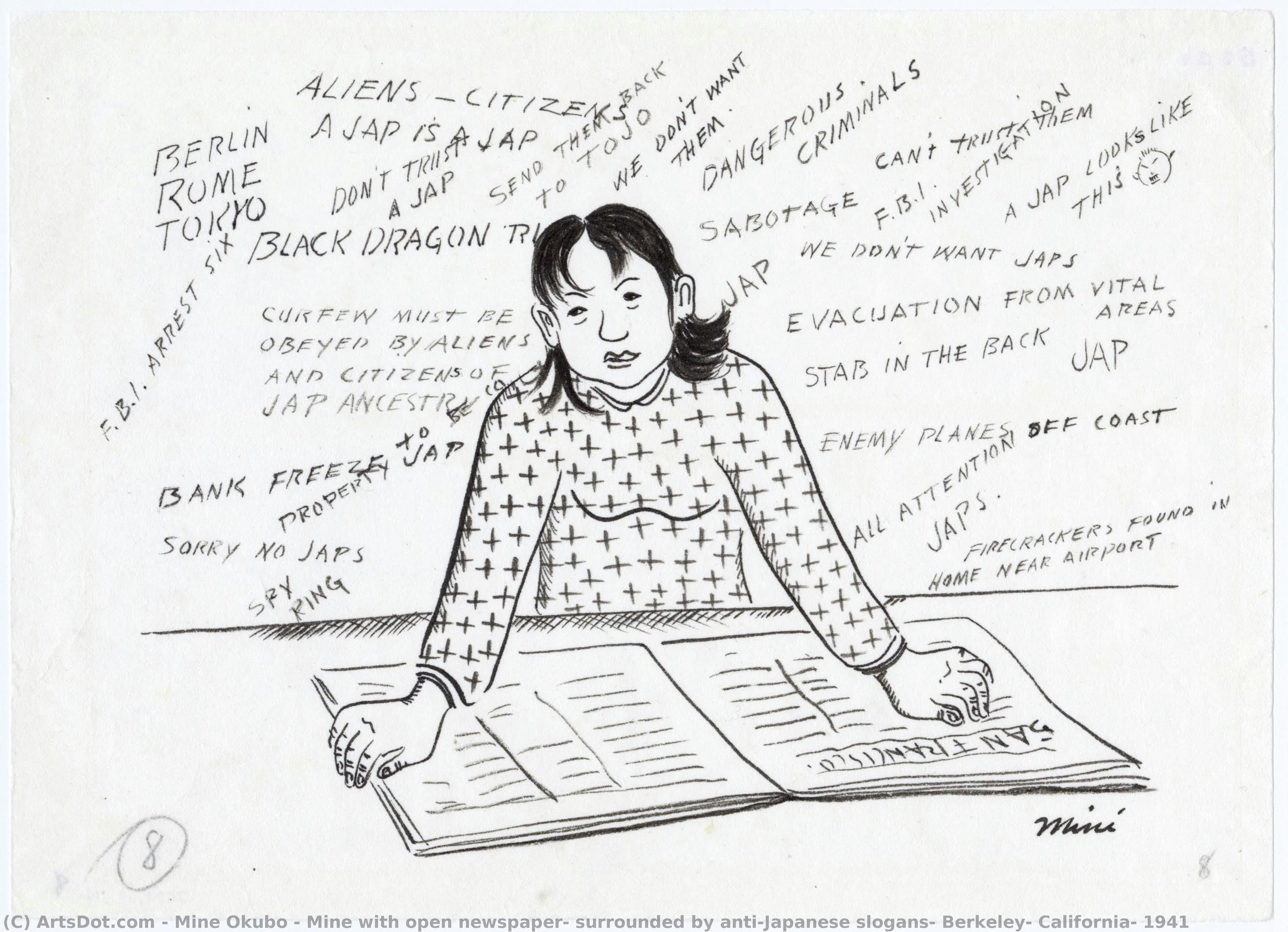 Mine With Open Newspaper, Surrounded By Anti-japanese Slogans, Berkeley, California, 1941 — Miné Okubo