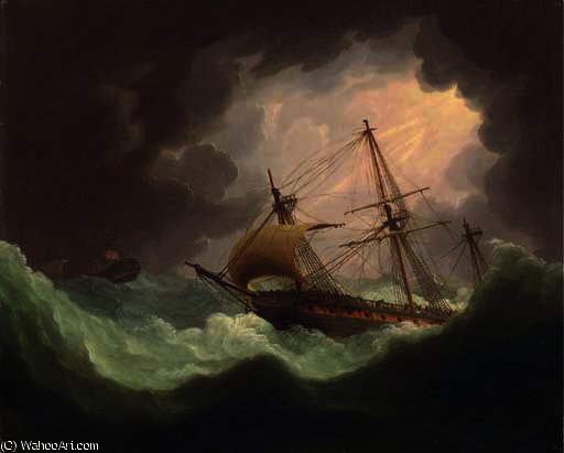 British Men-o'war Running Before The Storm, The Dismasted Vessel In The Distance Flying An Inverted Red Ensign — Thomas Buttersworth