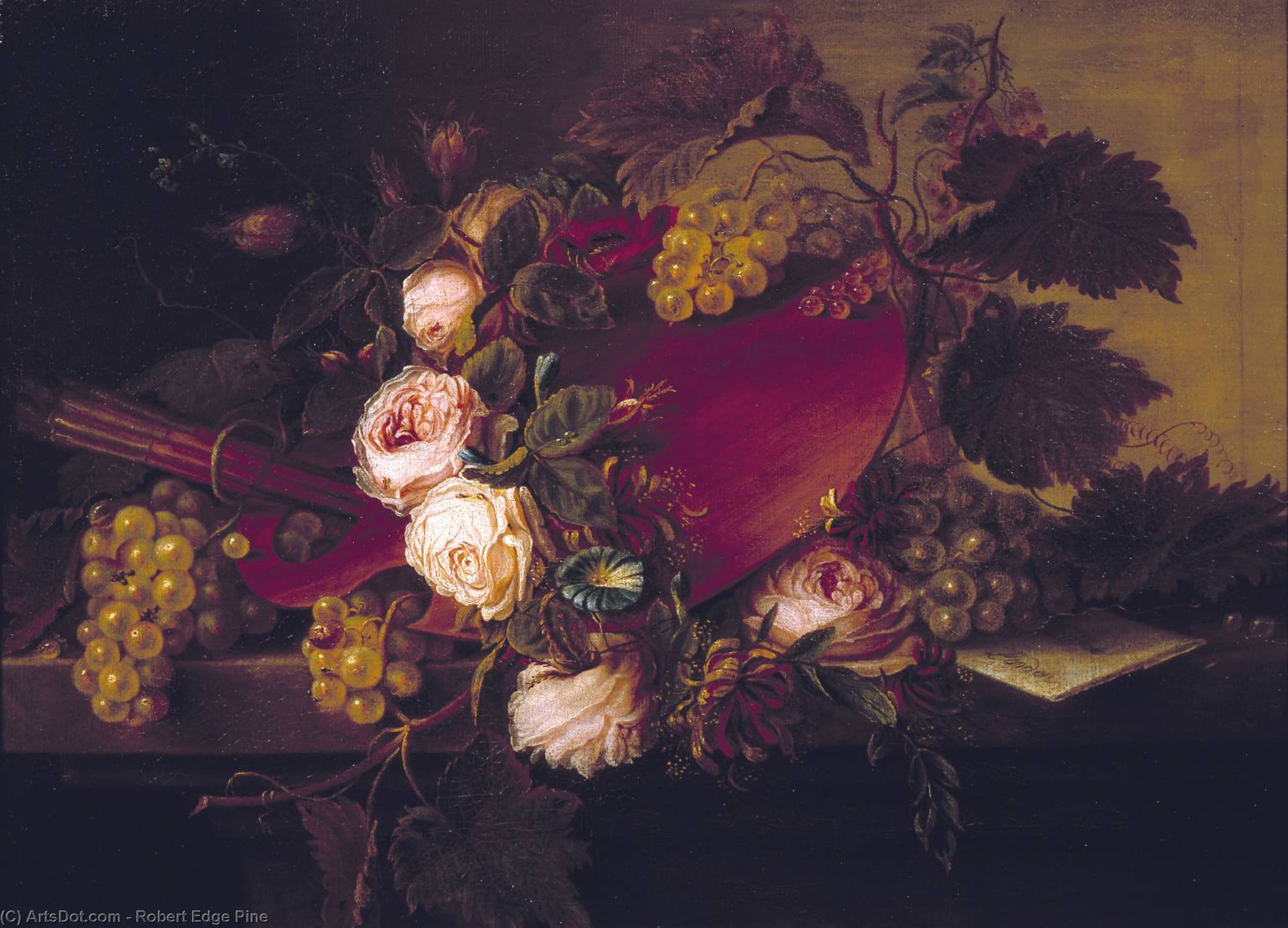 Still Life With Palette And Brushes, Fruit And Flowers — C Robert Edge Pine