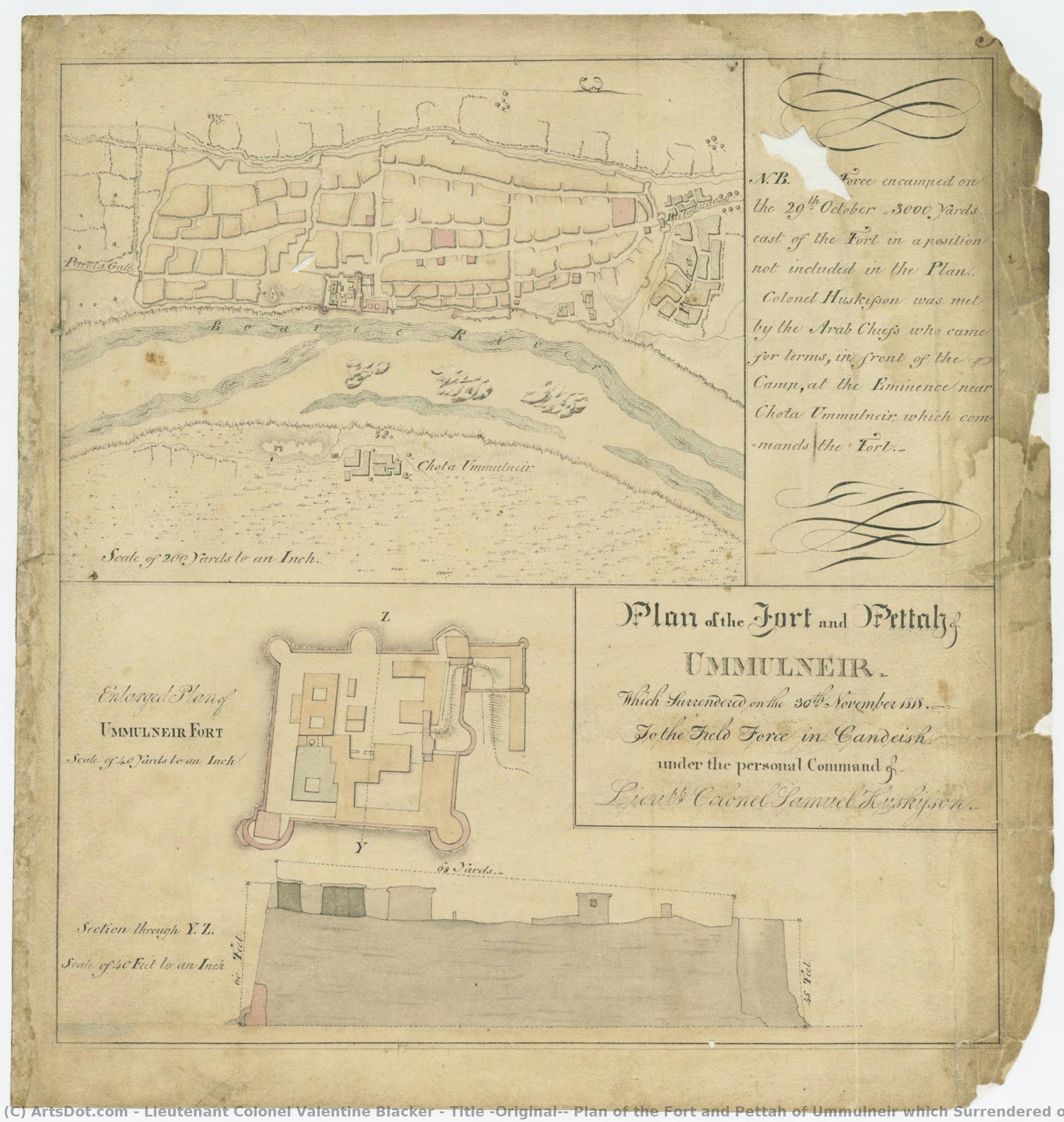 Title (original): Plan Of The Fort And Pettah Of Ummulneir Which Surrendered On The 30th November 1818, To The Field Force In Candeish Under The Personal Command Of Lieutt. Colonel Samuel Huskyson. — Lieutenant Colonel Valentine Blacker