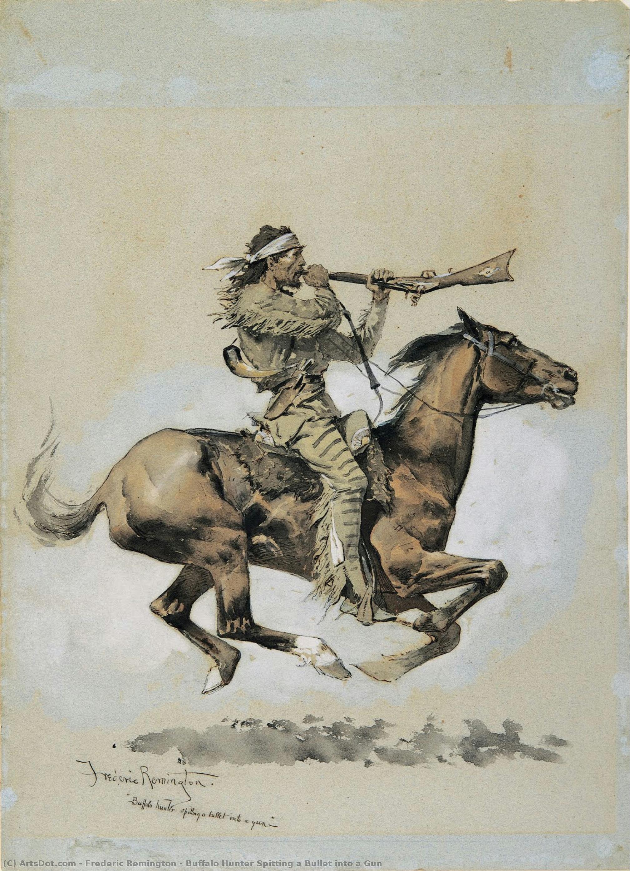 Buffalo Hunter Spitting A Bullet Into A Gun — Frederic Remington