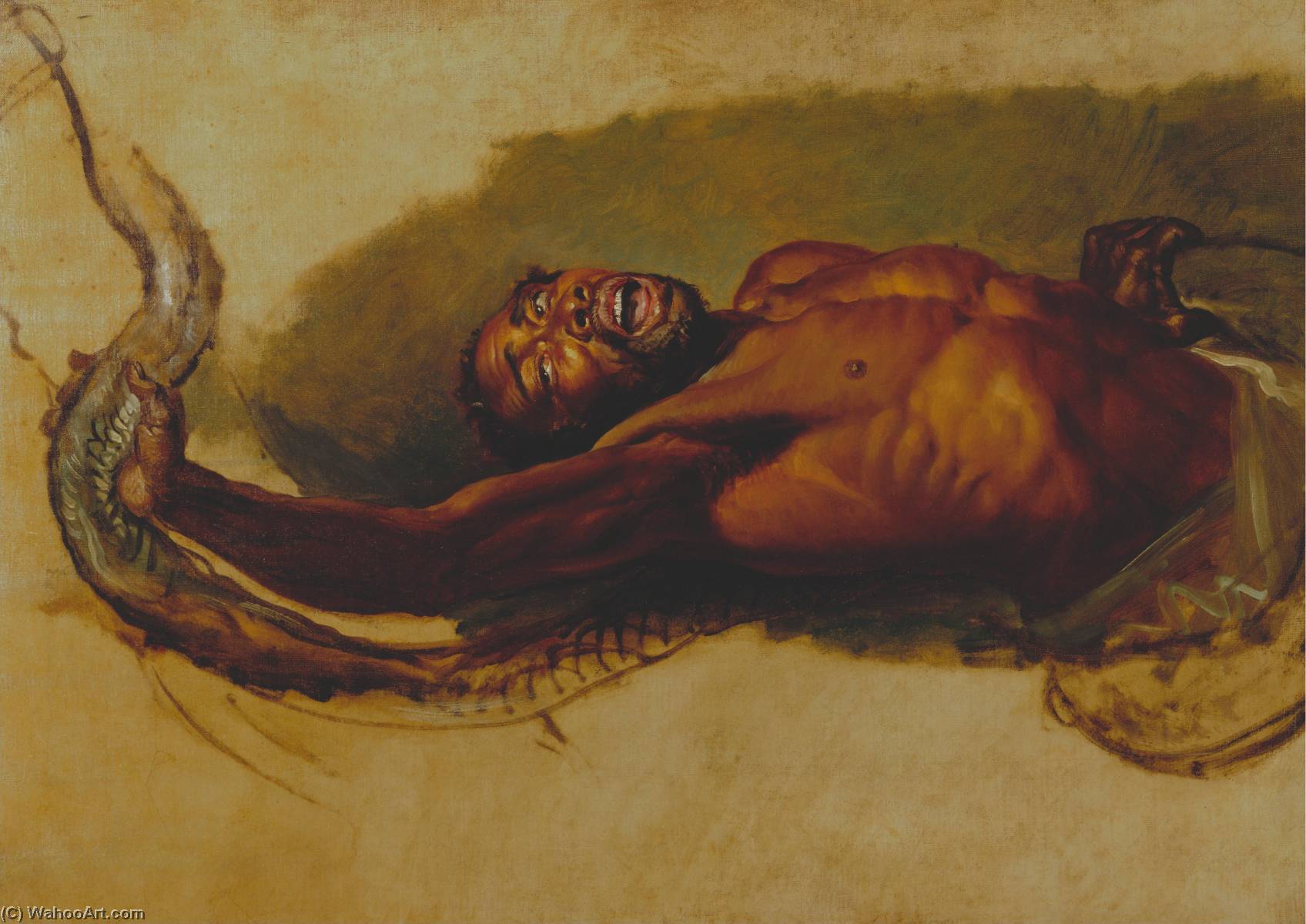 Man Struggling With A Boa Constrictor, Study For Liboya Serpent Seizing Its Prey — James Ward
