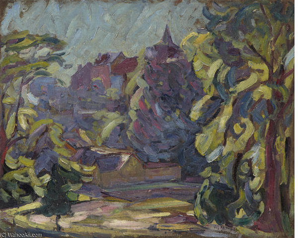 View Of Houses And A Church Through The Trees — Joseph M Raphael