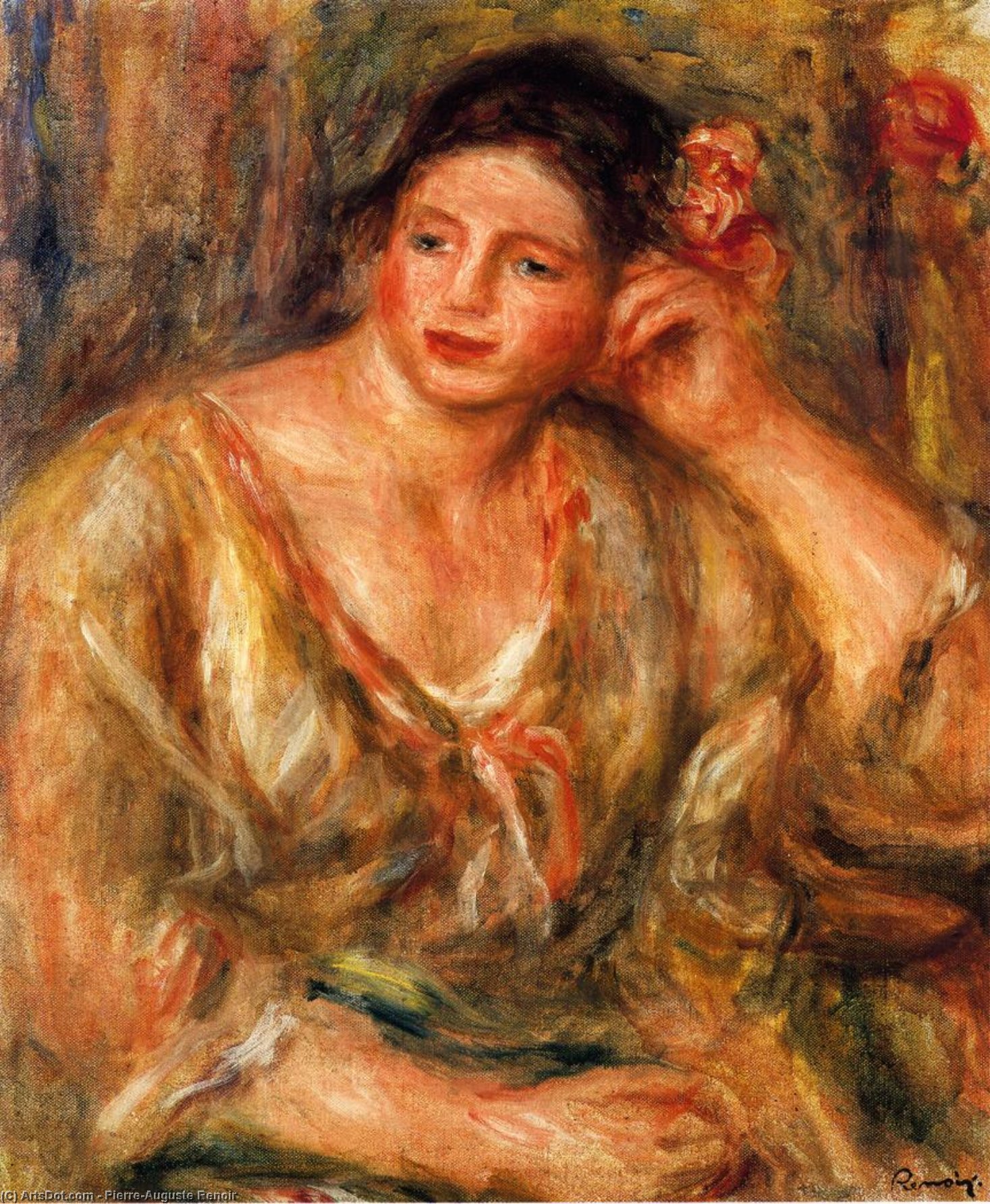 Madeleine Leaning On Her Elbow With Flowers In Her Hair — Pierre-auguste Renoir