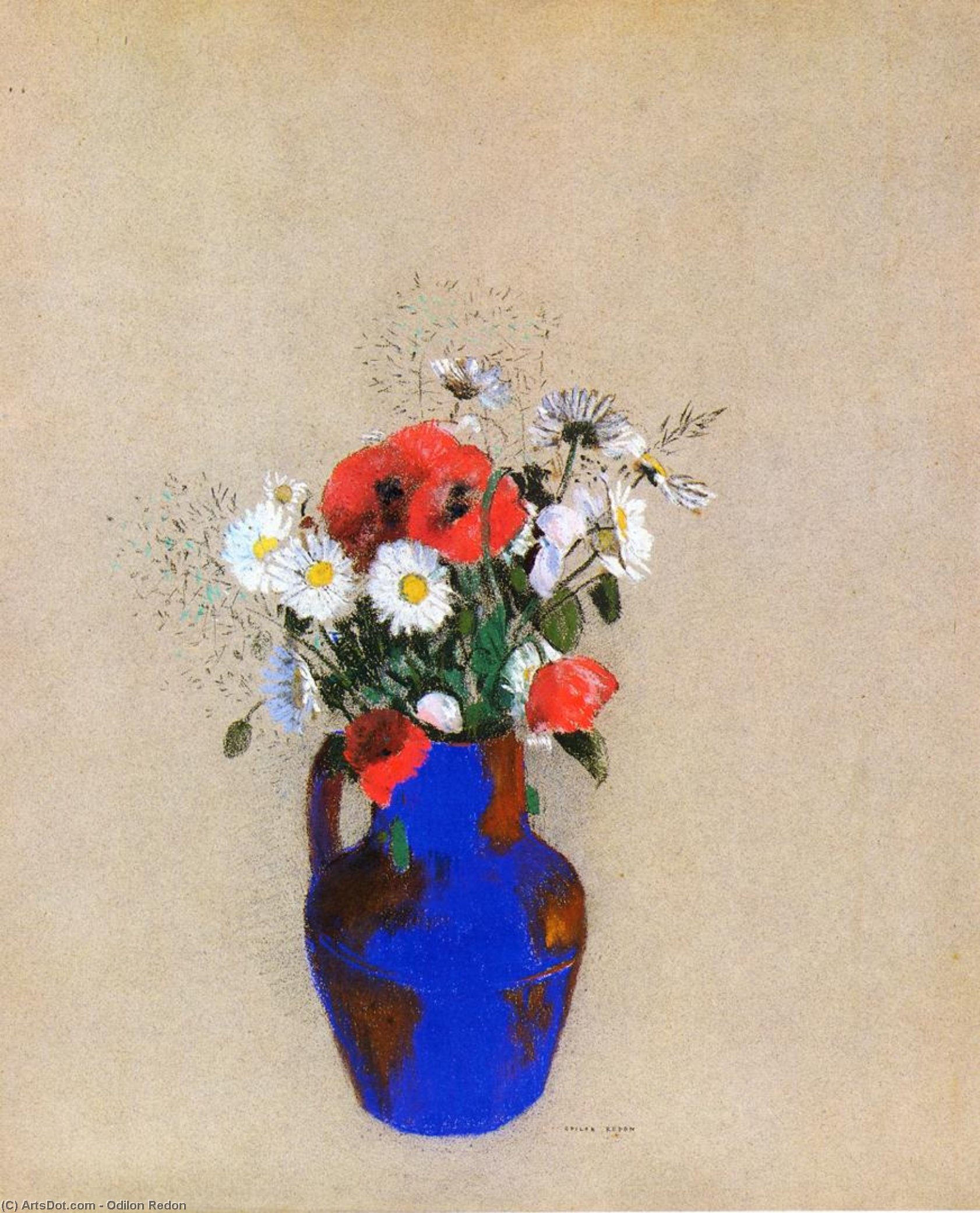 Poppies And Daisies In A Blue Vase — Odilon Redon