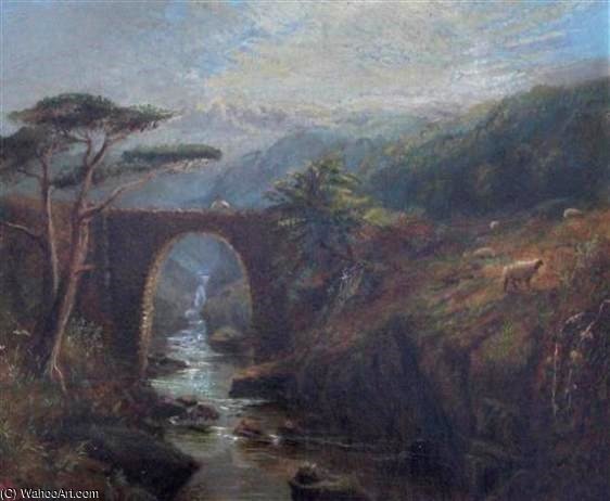 Scottish Landscape With Figure On A Stone Bridge — Alfred I Glendening