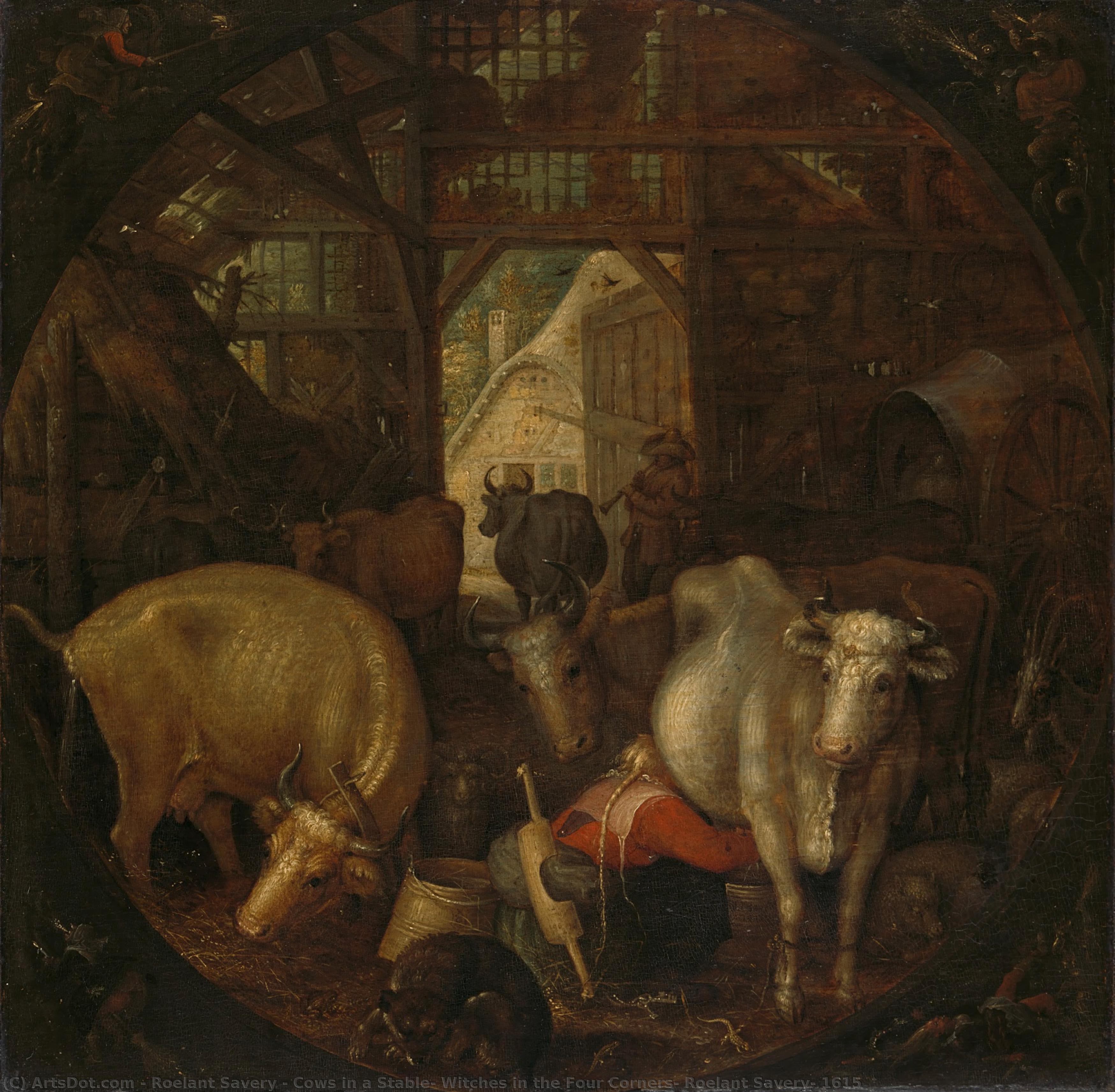 Cows In A Stable; Witches In The Four Corners, Roelant Savery, 1615 — Roelant Savery
