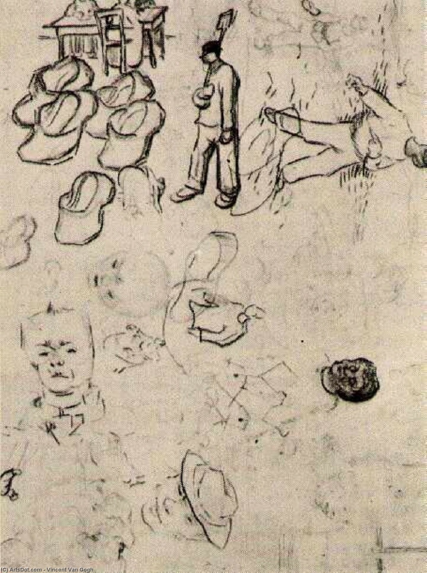 Sheet With Figures At A Table, A Sower, Clogs, Etc — Vincent Willem Van Gogh
