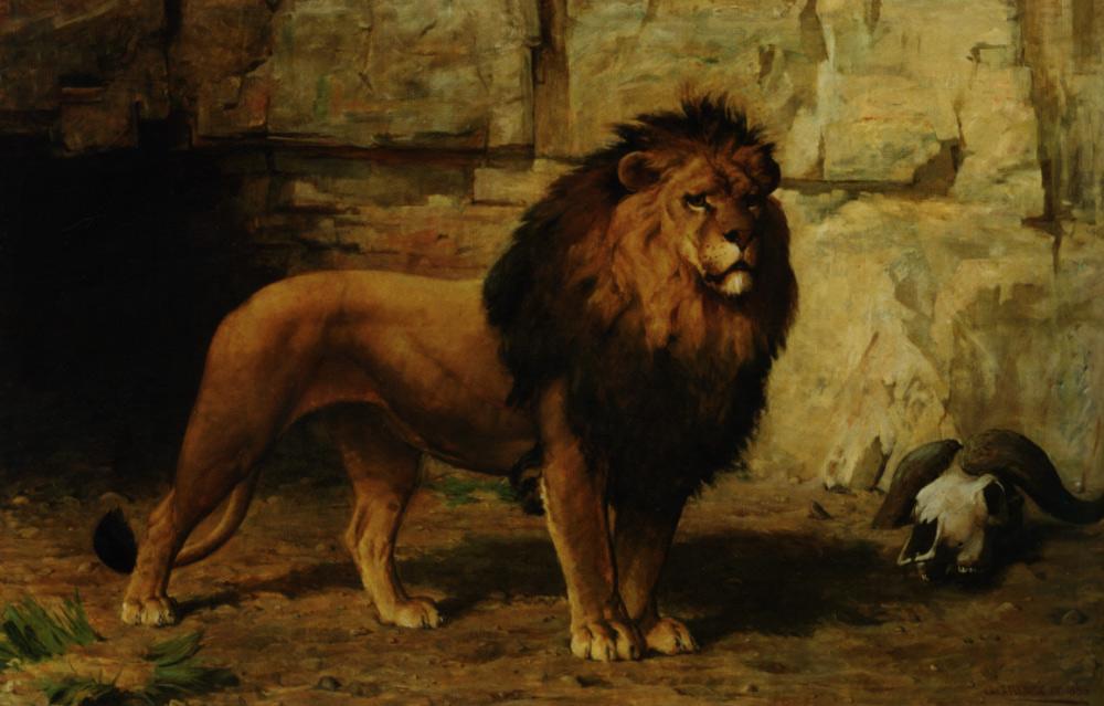 Lion Guarding His Den — George Goodwin Kilburne