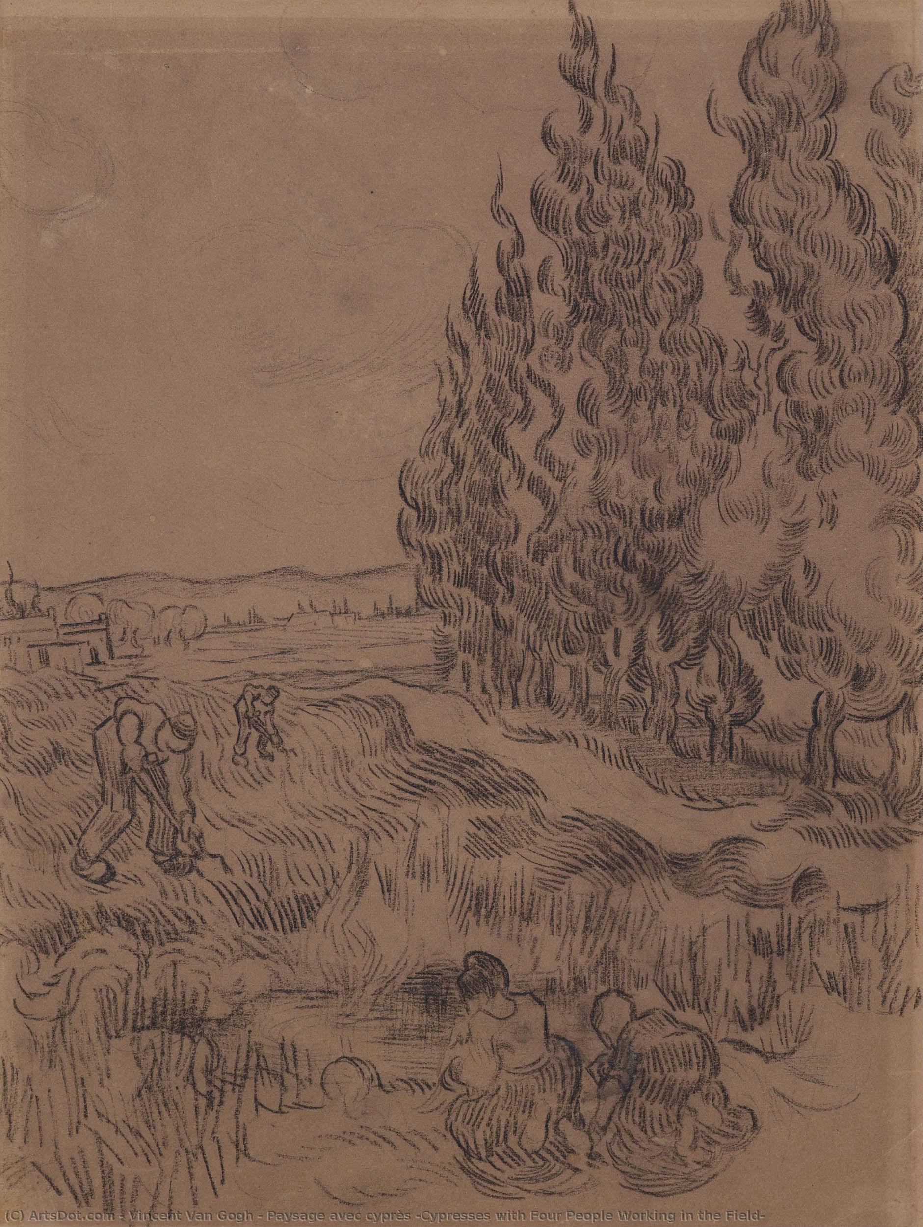 Paysage Avec Cyprès (cypresses With Four People Working In The Field) — Vincent Willem Van Gogh