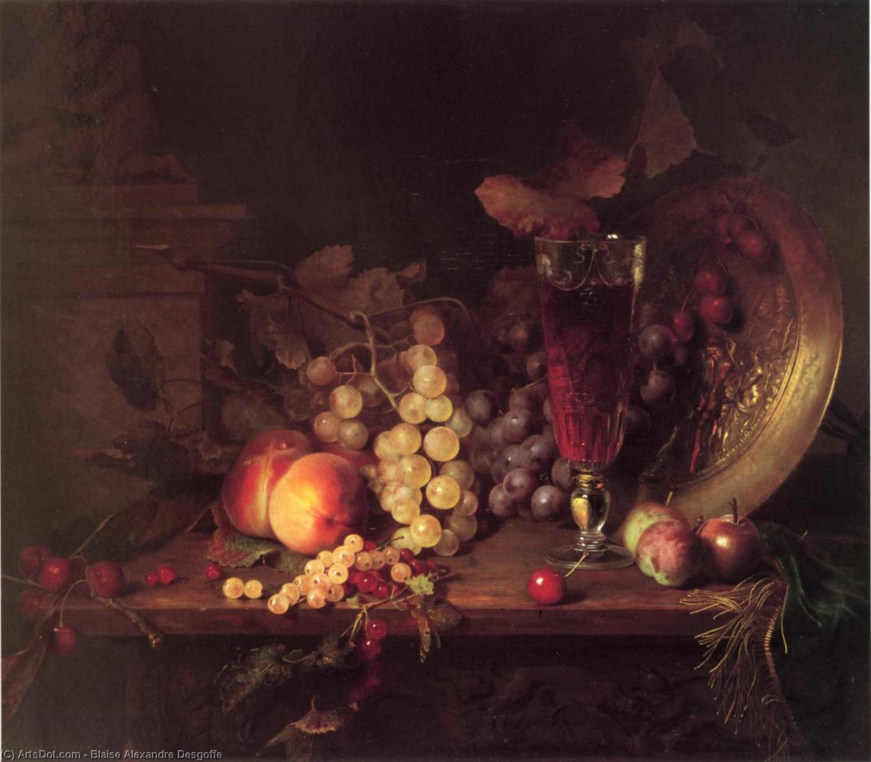 Still Life With Fruit, A Glass Of Wine And A Bronze Vessel On A Ledge — Blaise Alexandre Desgoffe