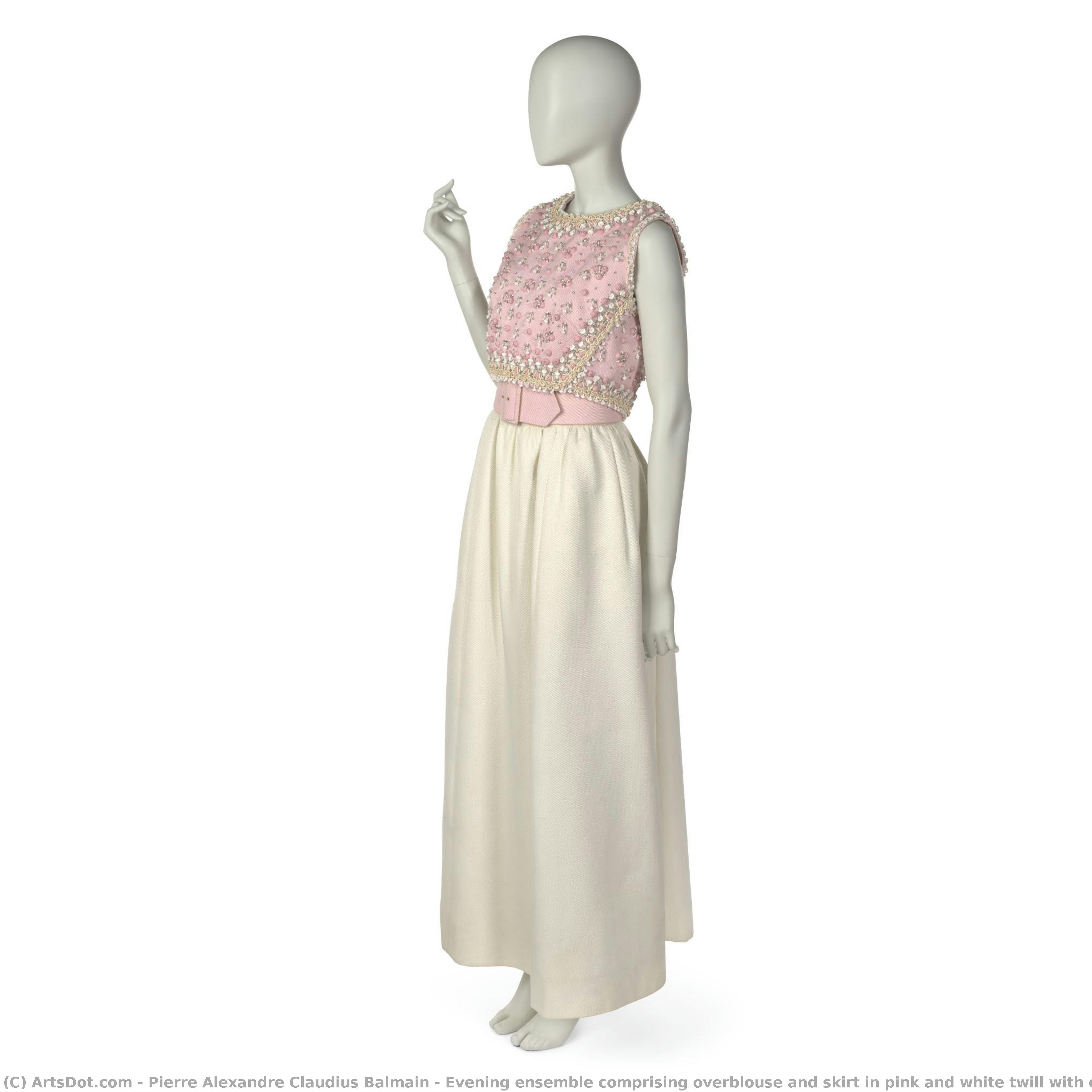 Evening Ensemble Comprising Overblouse And Skirt In Pink And White Twill With Confection Beading — Pierre Alexandre Claudius Balmain