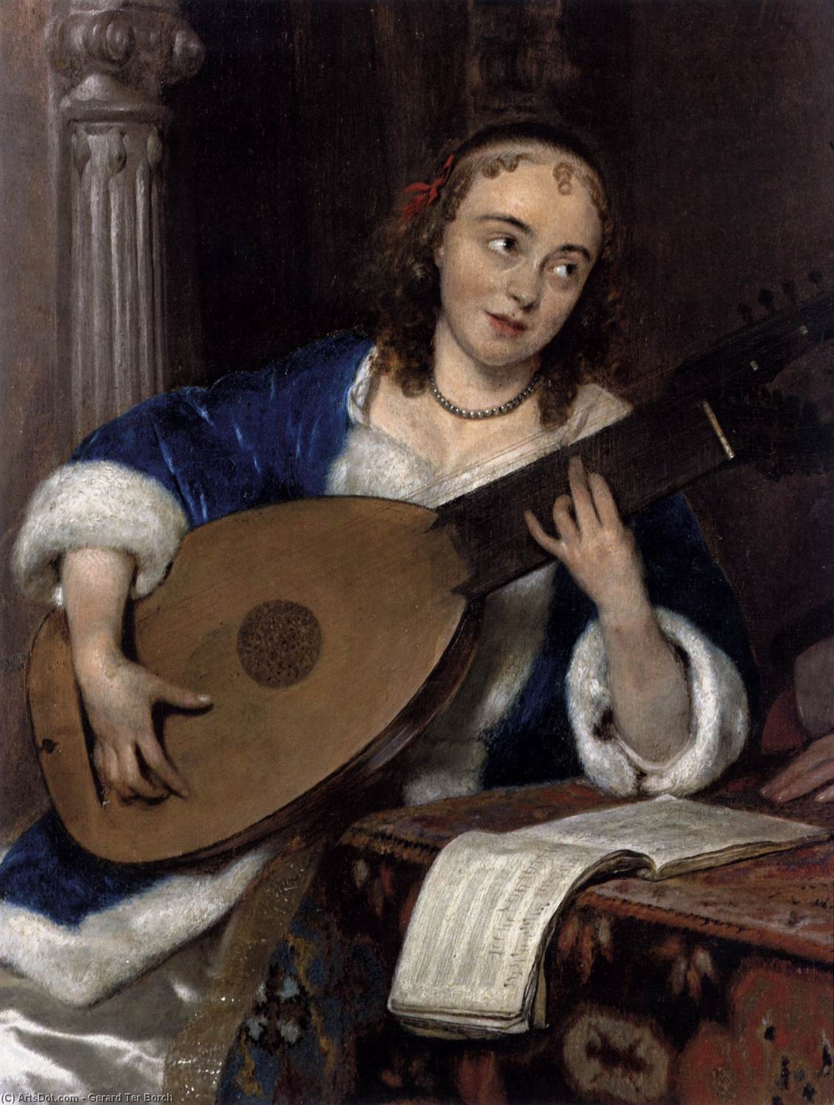 Woman Playing The Theorbo-lute And A Cavalier (detail) — Gerard Ter Borch