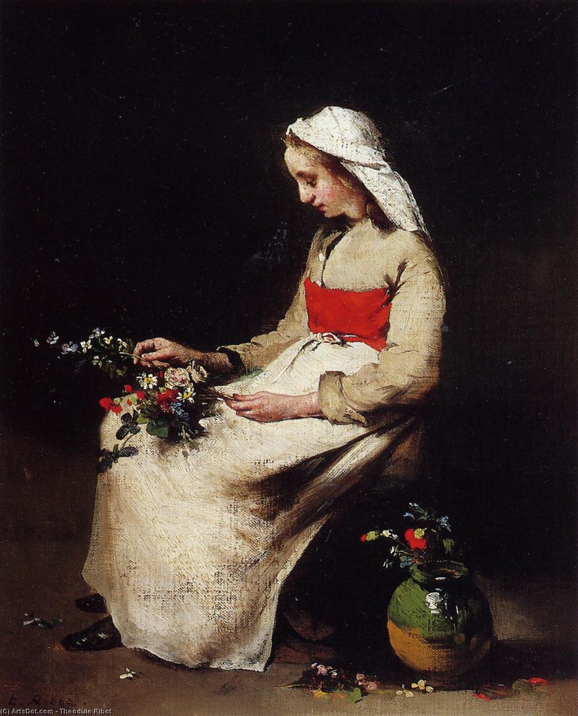 Girl Arranging A Vase Of Flowers — Theodule Augustine Ribot