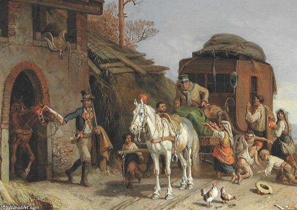 Pferdewechsel An Italienischer Poststation Gemälde Von Heinrich Burkel — Heinrich Bürkel