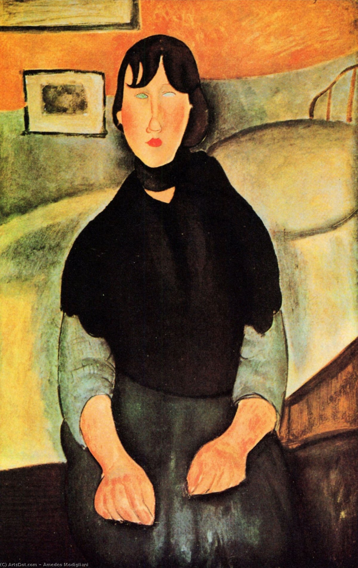 Dark Young Woman Seated By A Bed — Amedeo Clemente Modigliani