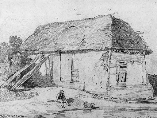 East Winch, Norfolk; A Man And A Dog By A River With A Barn Beyond — John Sell Cotman