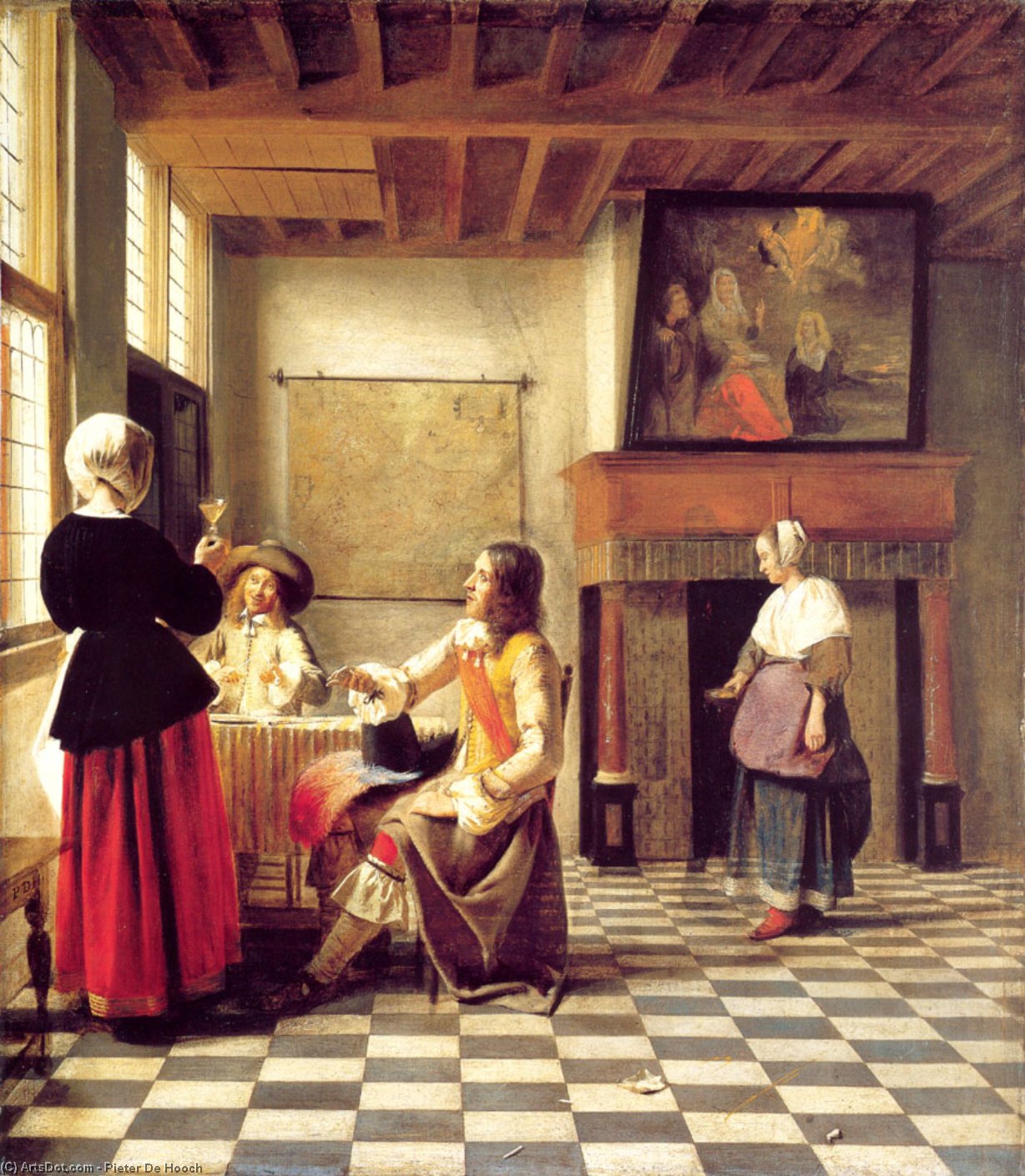 A Woman Drinking With Two Men And A Serving Woman — Pieter De Hooch