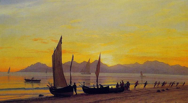 Boats Ashore At Sunset — Albert Bierstadt