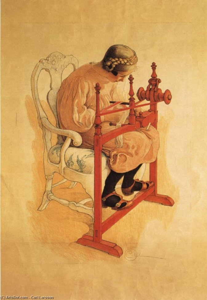 Girl Weaving Red Ribbon — Carl Larsson