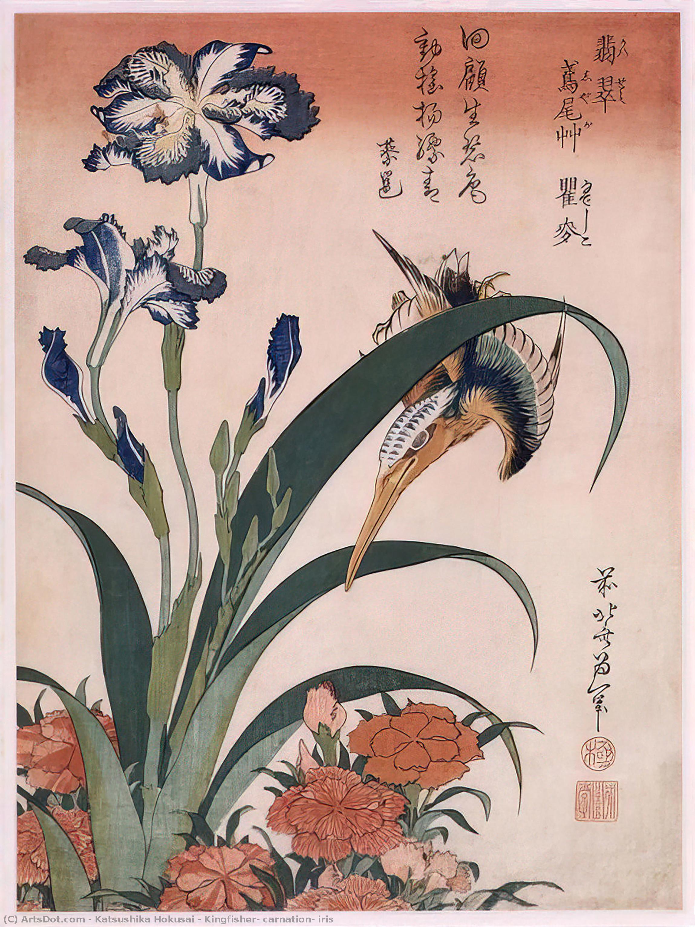 Kingfisher, Carnation, Iris — Katsushika Hokusai