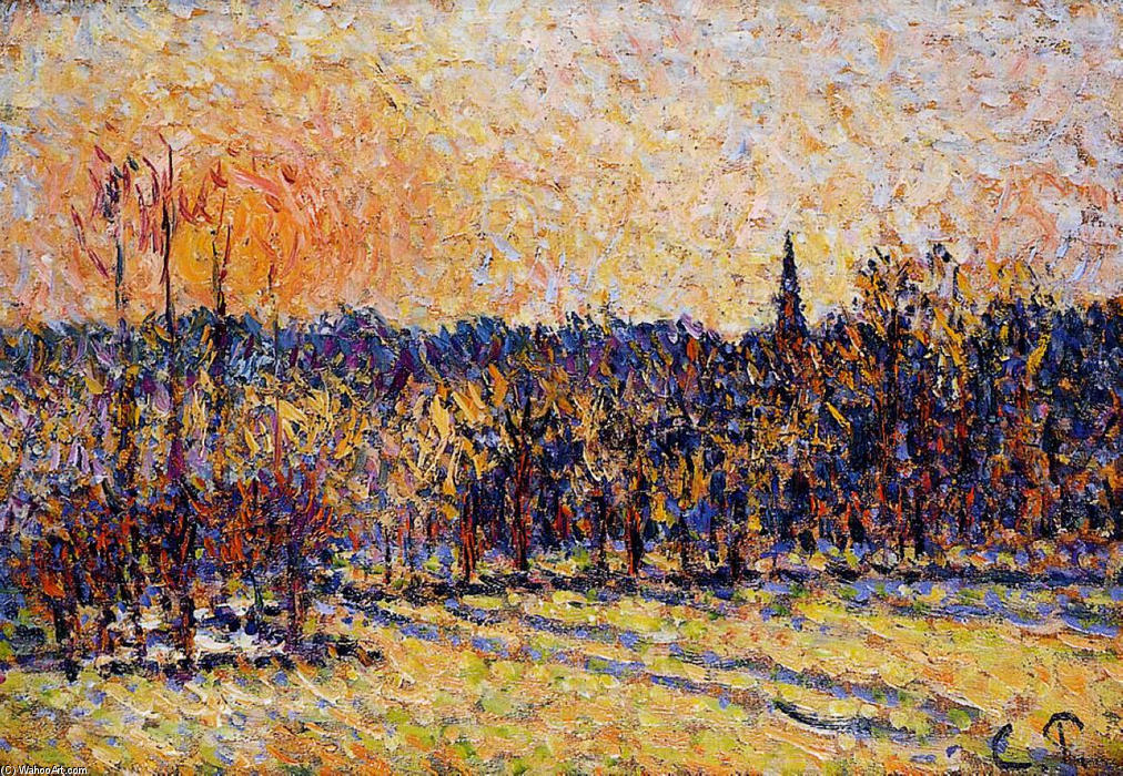 Sunset, Bazincourt Steeple — Camille Pissarro