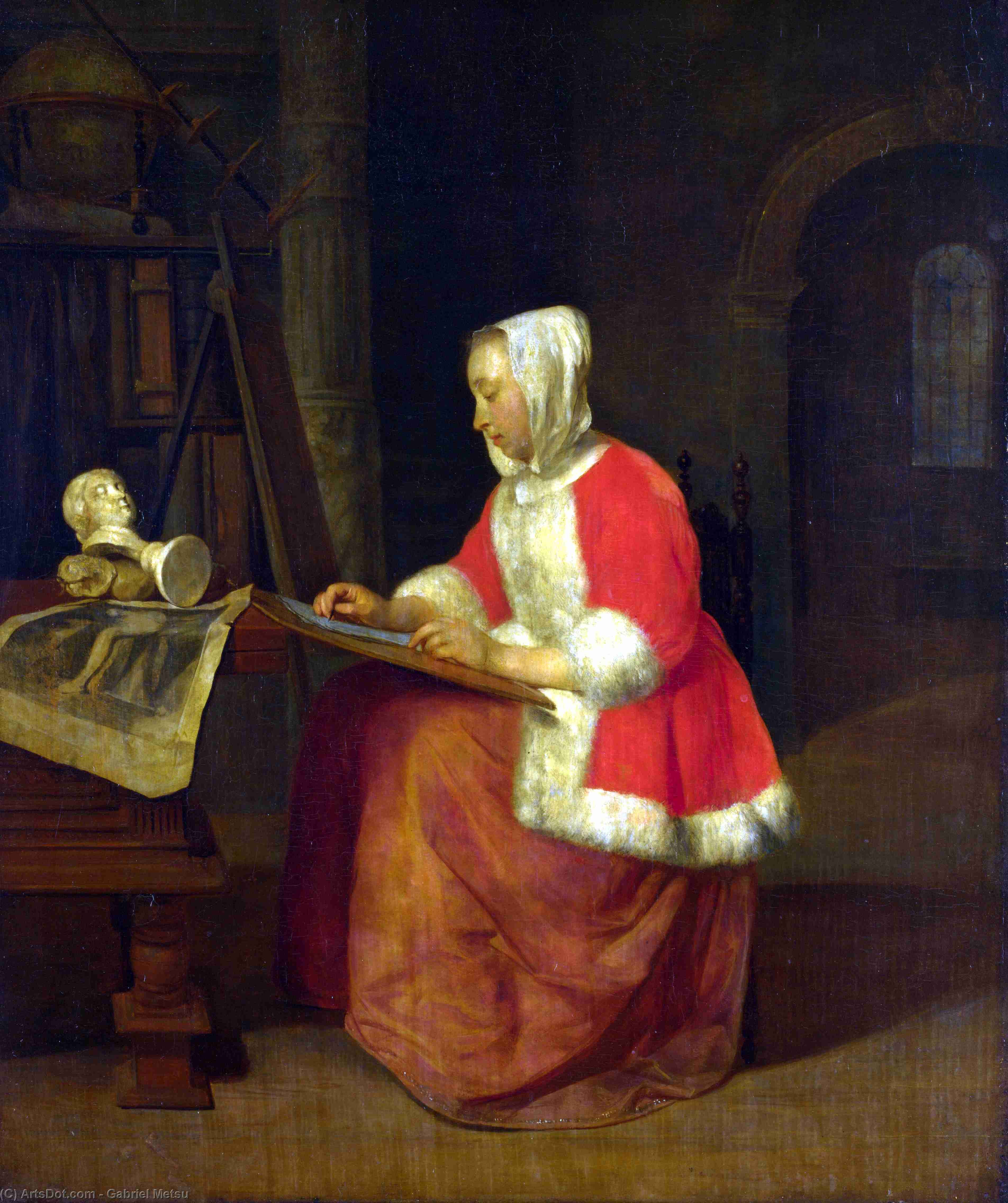 A Young Woman Seated Drawing — Gabriel Metsu