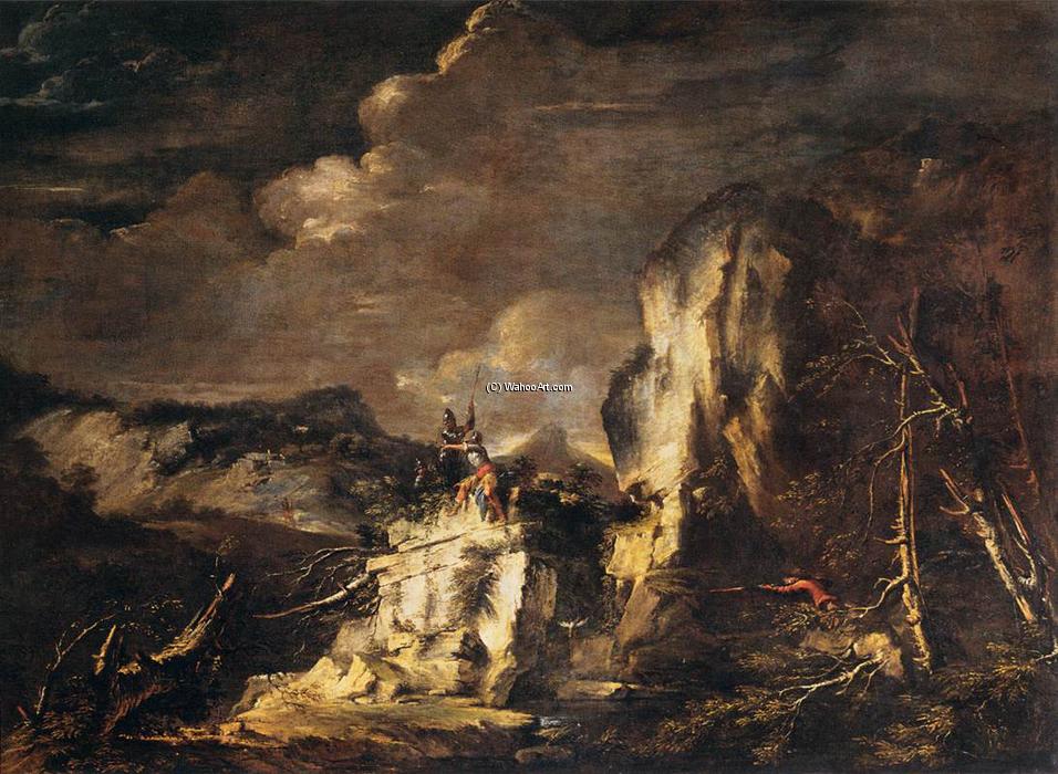 Rocky Landscape With A Huntsman And Warriors — Salvator Rosa