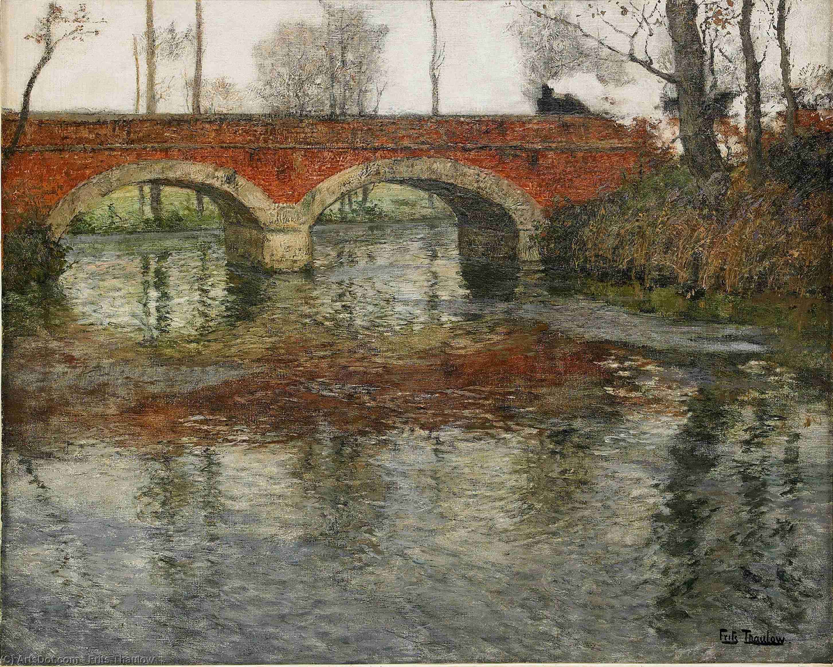French River Landscape With A Stone Bridge — Frits Thaulow