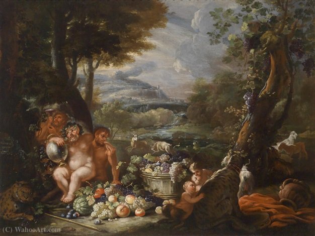 Silen With Centaurs, Leopards And A Fruit-filled Tub In Front Of A Wide River Landscape — Abraham Brueghel