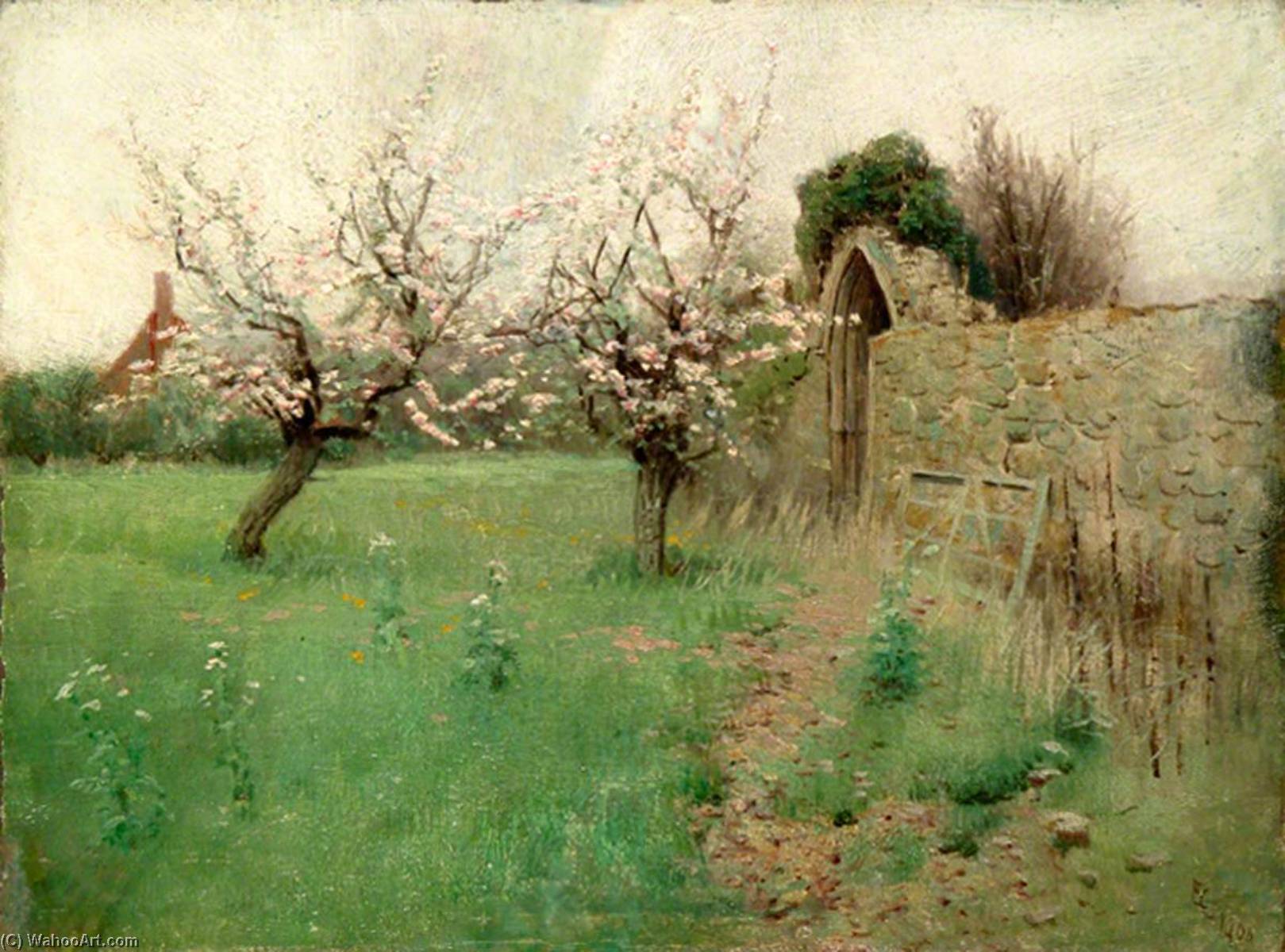 Wall With Arched Gateway Opening On To A Field With Trees, Identified As The Entrance To Oxted Church, Surrey — Ernest C Christie