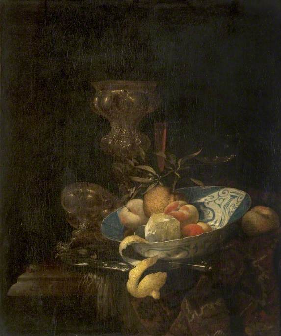Still Life Silver Gilt Goblet, Porcelain Bowl, Glassware And Peeled Orange — Willem Kalf
