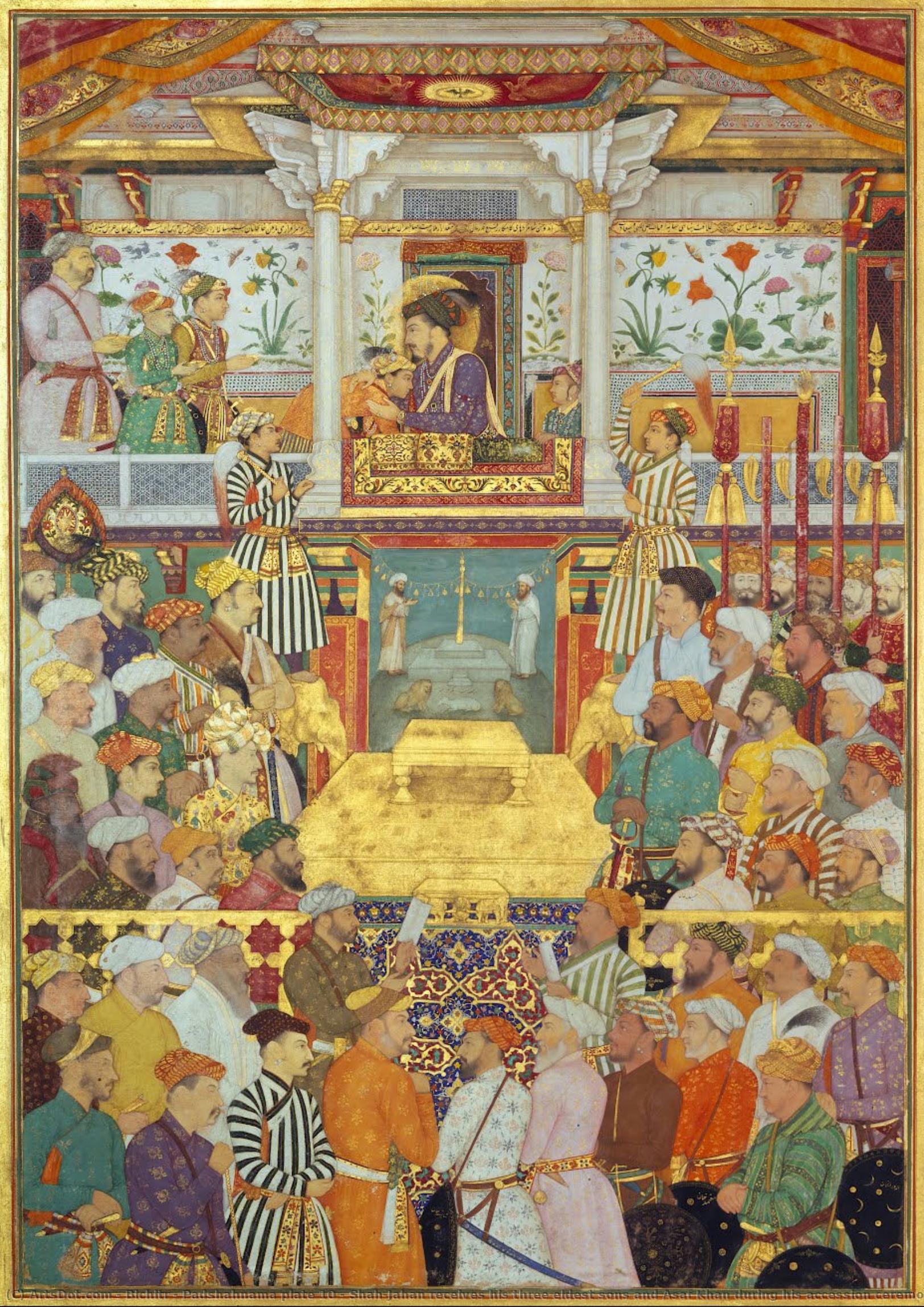 Padshahnama Tafel 10: Shah Jahan Empfängt Seine Drei Ältesten Söhne Und Asaf Khan Während Seiner Thronbestehenszeremonien (8. März 1628) — Bichitr