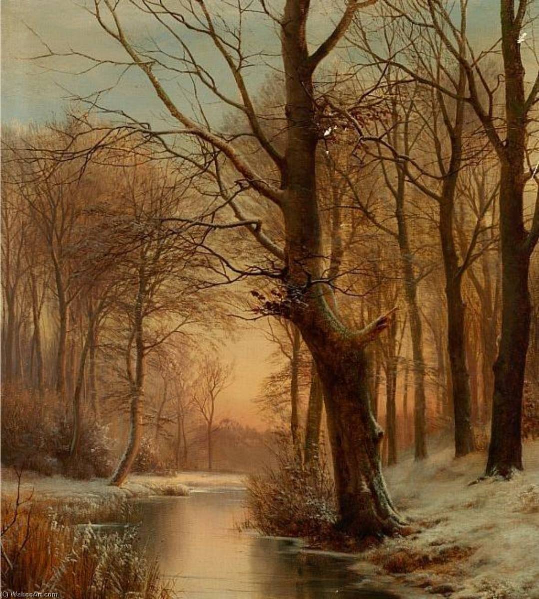 Late Afternoon In A Forest With A Frozen Brook — Anders Anderson Lundby