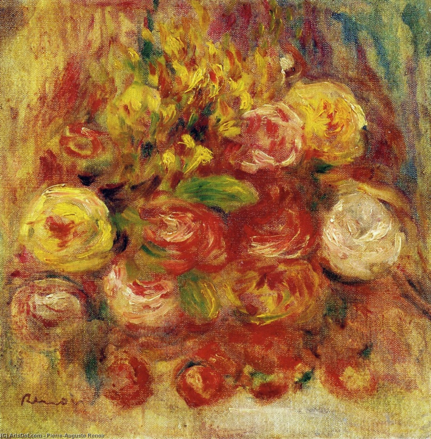 Flowers In A Vase With Blue Decoration — Pierre-auguste Renoir