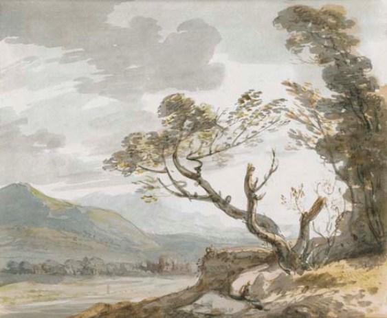 View Down A Valley Towards Distant Buildings, Trees In The Foreground — Paul Sandby